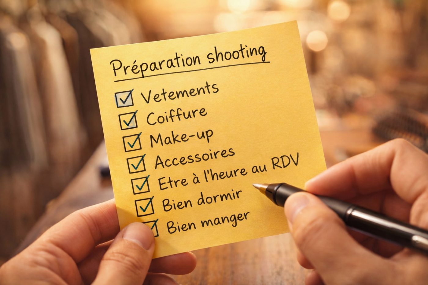 Gros plan d’un post-it jaune “Préparation shooting” avec une checklist (vêtements, coiffure, make-up, accessoires, être à l’heure au RDV, bien dormir, bien manger). Une main tenant un stylo coche une case. Ambiance chaleureuse, lumière douce, arrière-plan flou avec bokeh, style lifestyle idéal pour illustrer un article sur la préparation avant un shooting photo portrait professionnel.