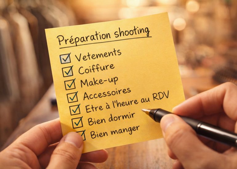 Gros plan d’un post-it jaune “Préparation shooting” avec une checklist (vêtements, coiffure, make-up, accessoires, être à l’heure au RDV, bien dormir, bien manger). Une main tenant un stylo coche une case. Ambiance chaleureuse, lumière douce, arrière-plan flou avec bokeh, style lifestyle idéal pour illustrer un article sur la préparation avant un shooting photo portrait professionnel.