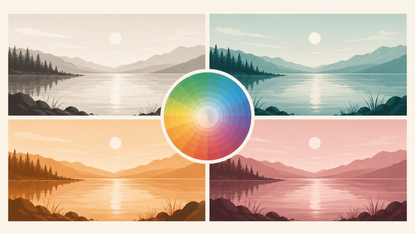 Illustration vectorielle horizontale montrant une même scène déclinée en quatre versions : une image neutre et trois images teintées, avec une roue colorimétrique au centre reliant chaque teinte.