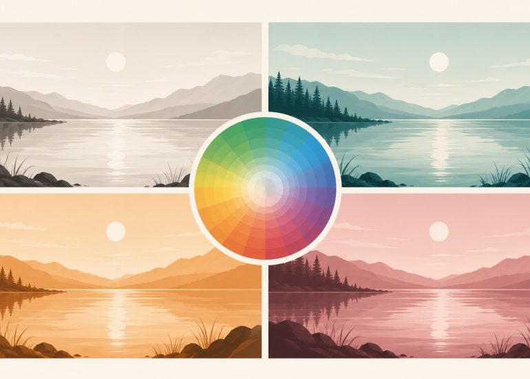 Illustration vectorielle horizontale montrant une même scène déclinée en quatre versions : une image neutre et trois images teintées, avec une roue colorimétrique au centre reliant chaque teinte.