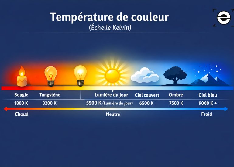 Infographie de la température de couleur en photographie montrant l’échelle Kelvin avec les sources de lumière : bougie, ampoule tungstène, lumière du jour, ciel couvert, ombre et ciel bleu.