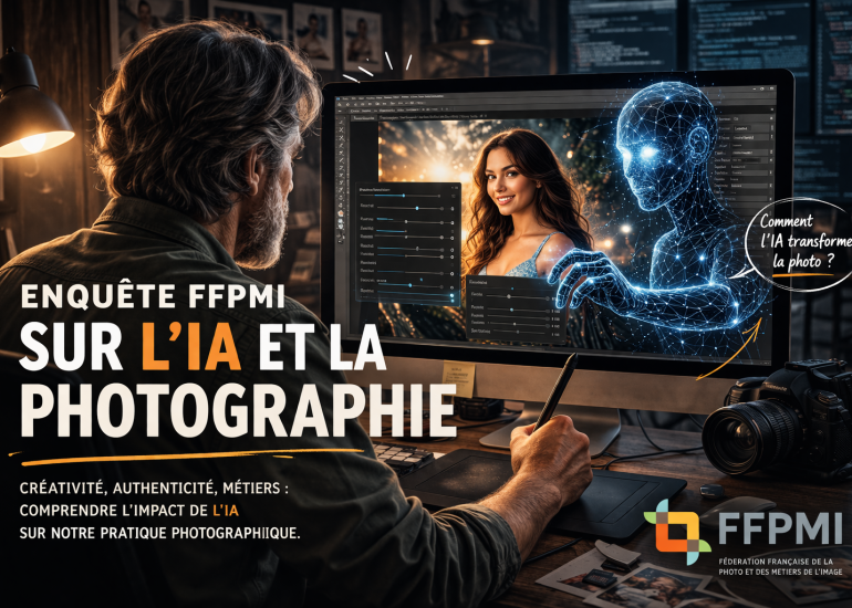 Photographe en retouche sur ordinateur avec tablette graphique, interface de traitement d’image et représentation d’une IA intervenant dans le processus