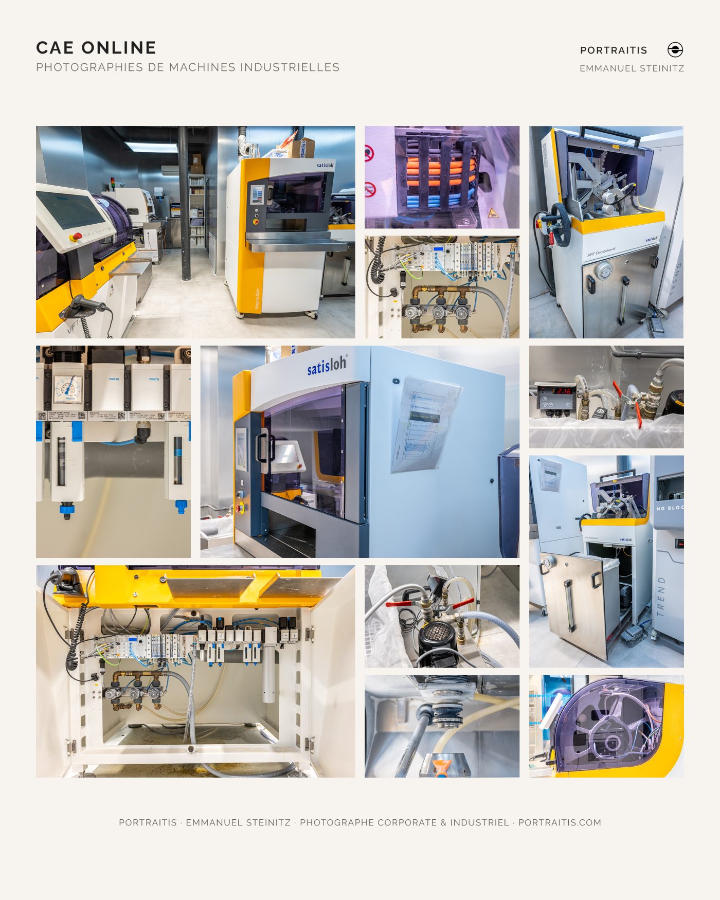 Planche de reportage photo industriel réalisée pour CAE Online, présentant des machines optiques, des équipements techniques, des composants mécaniques et des détails de process en environnement de production.