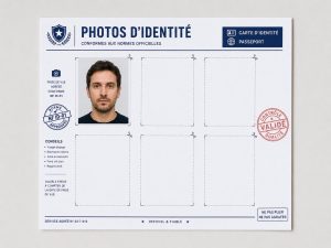 Planche de photos d’identité humoristique avec une seule photo imprimée et plusieurs emplacements vides, façon document officiel.